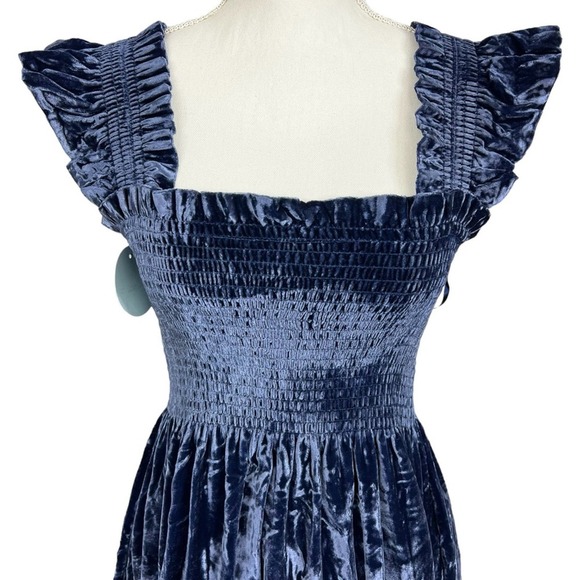 Hill House Size S The Ellie Nap Dress Navy Velvet Midi Tiered Smocked Bodice NEW - Picture 5 of 14